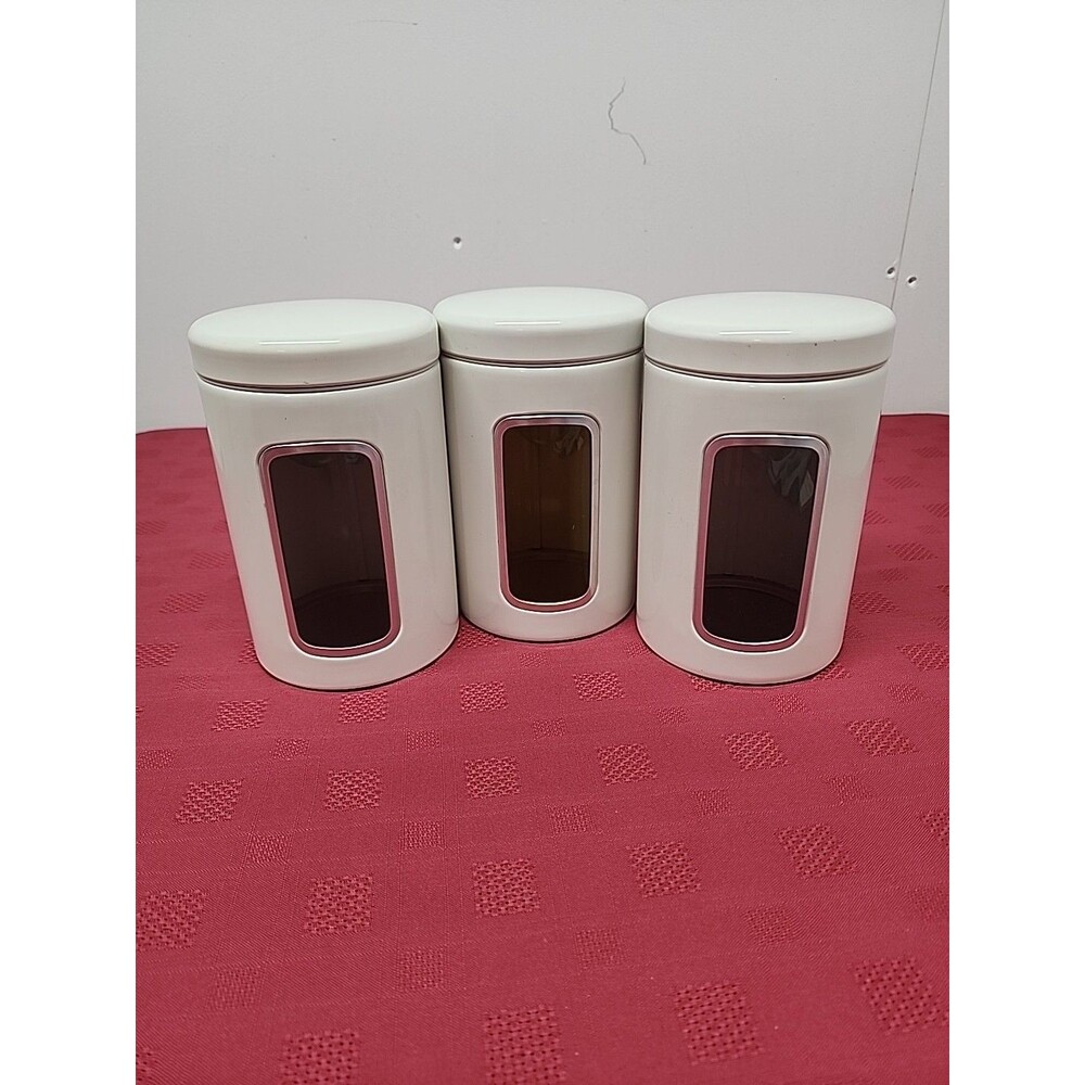 Vintage Brabantia White 7" Canisters With Peekaboo Window 1980s Made In Belgium